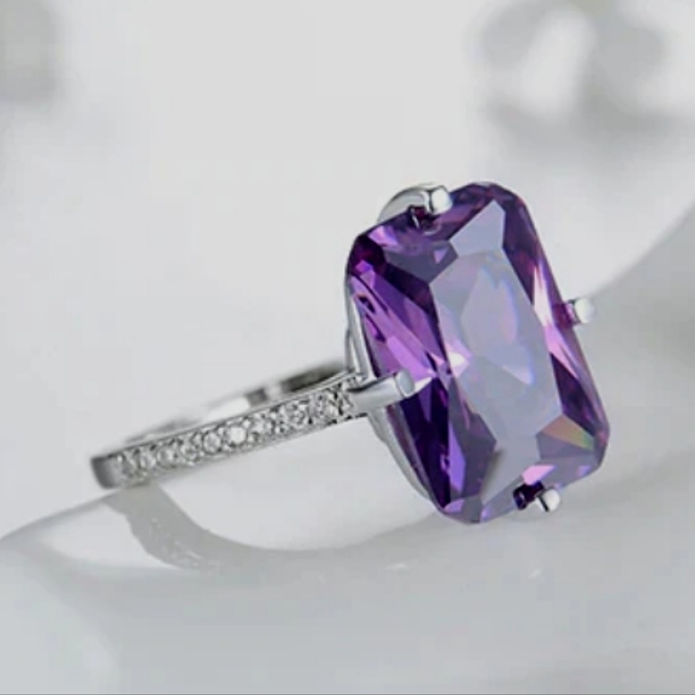 Lourdai 925 Sterling Silver Purple Rectangle 5A Clear Zirconia Luxury Ring